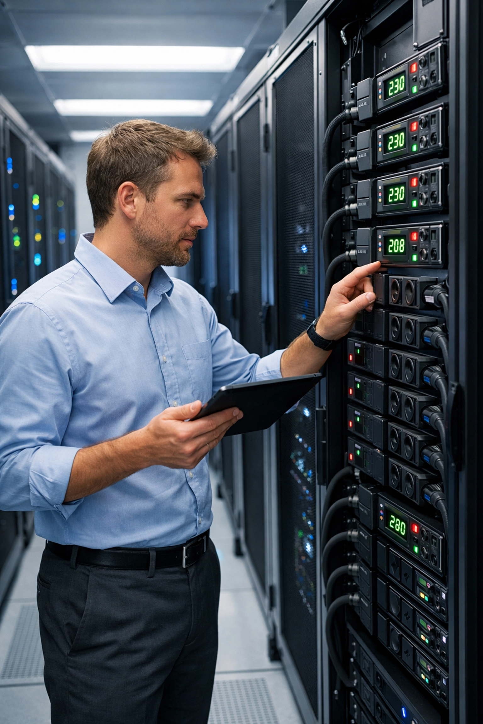 Technician auditing data center power loads and critical equipment for backup power planning
