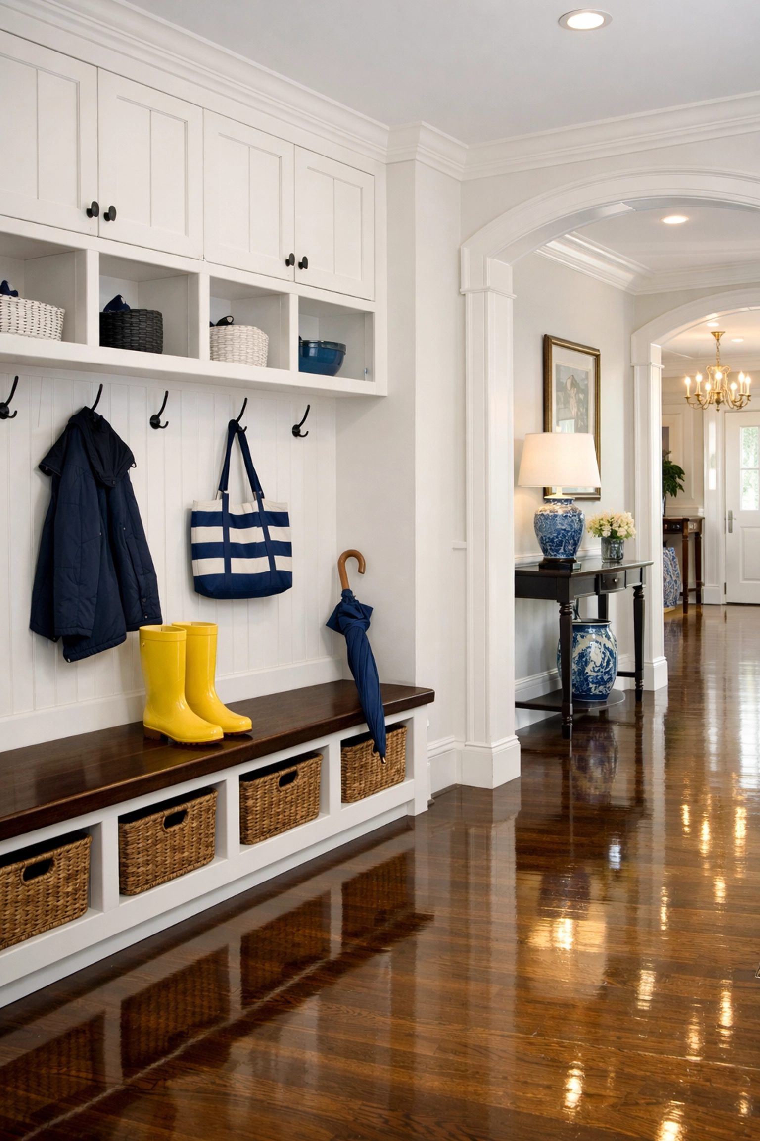 Luxury house cleaning MA in a tidy Worcester mudroom featuring polished floors and spring decor.