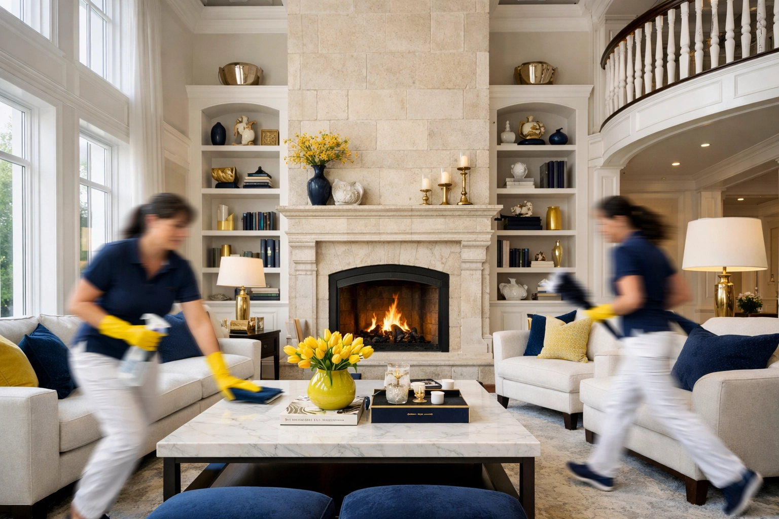 Professional team performing residential cleaning Massachusetts in a grand Dover estate living room.