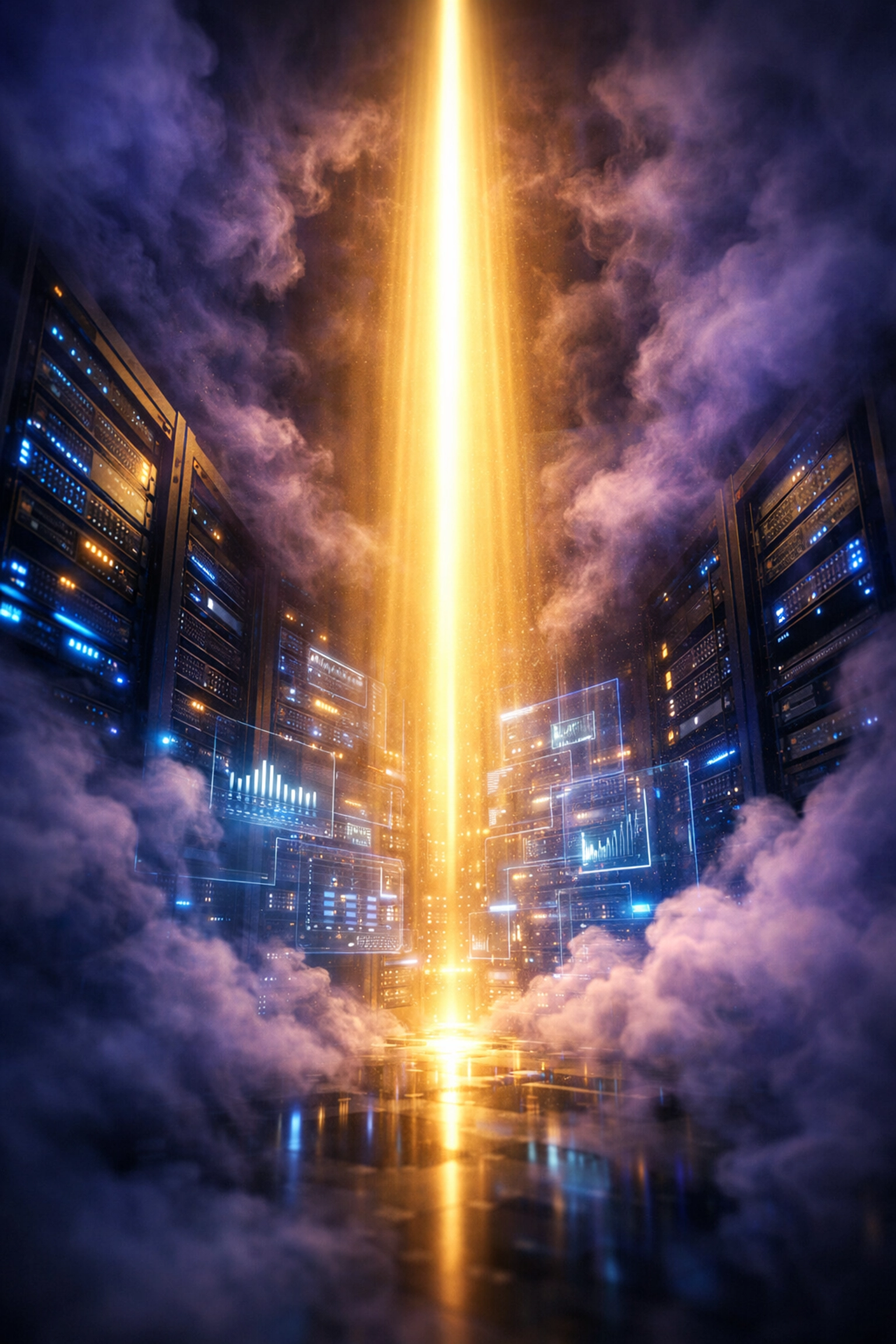 Golden light beam cutting through data fog to reveal clear observability insights in a server room.