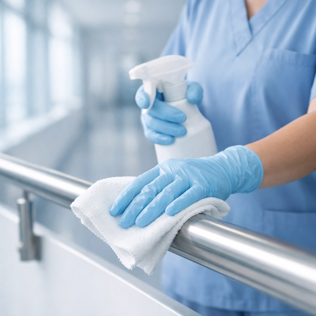 Healthcare worker cleaning hospital corridor with medical-grade protocols