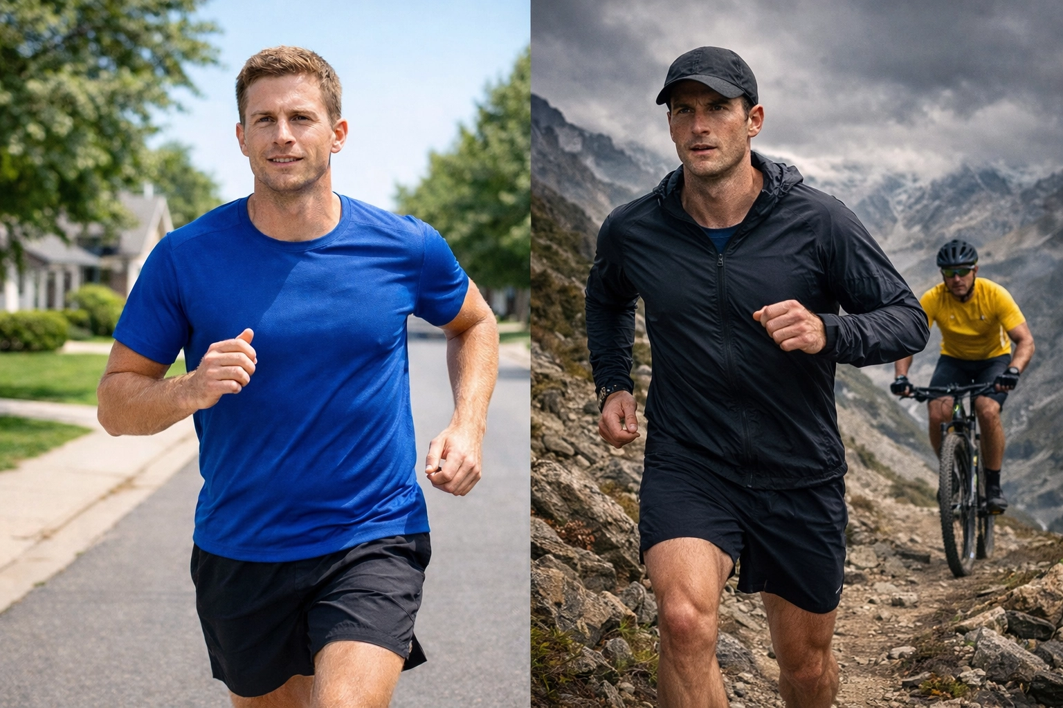 Road runner and trail runner comparison with no hydration packs, belts, or bags visible