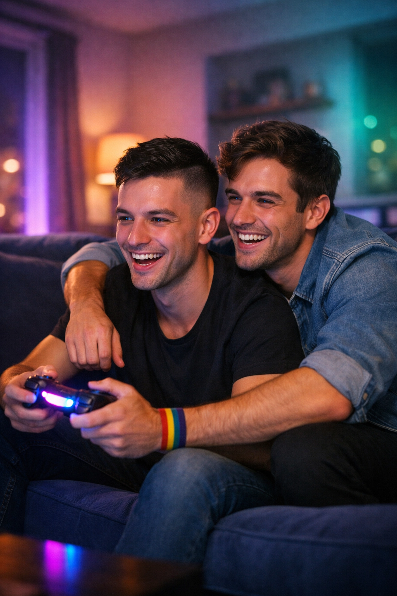 Two gay men sharing a joyful gaming moment on a sofa, highlighting LGBTQ+ connection.