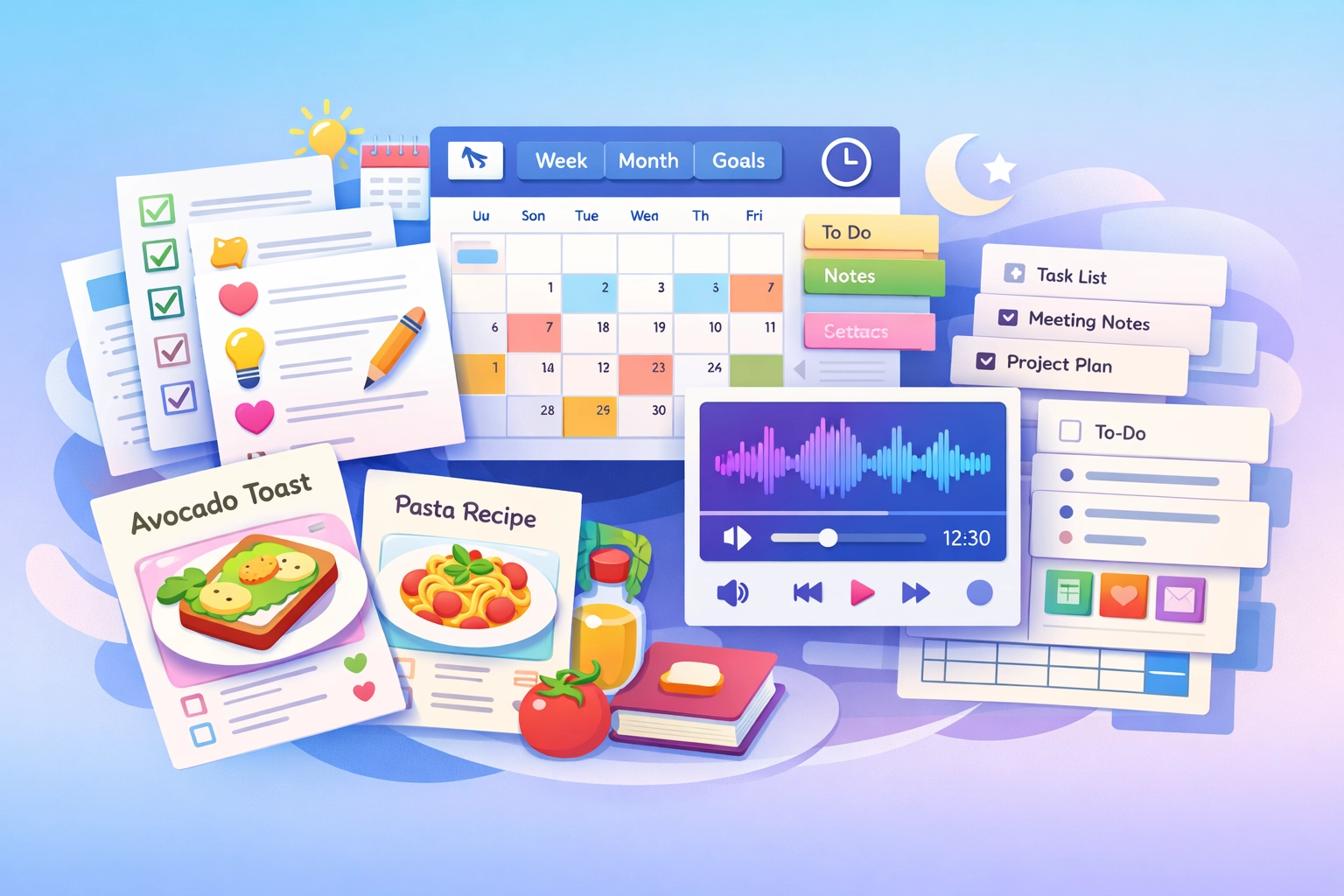 Collection of digital products including printable worksheets, planners, and template bundles