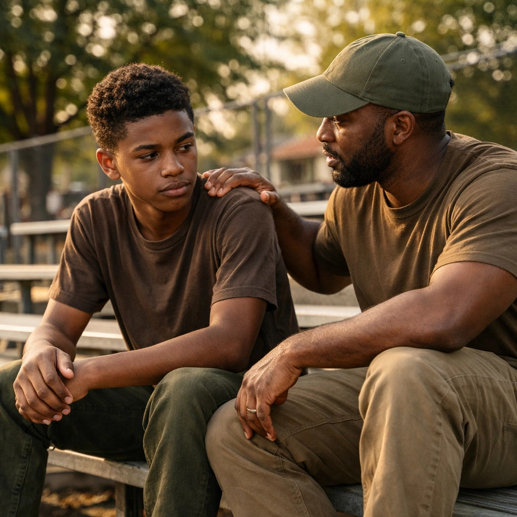 Black teen and adult mentor having supportive conversation on park bleachers demonstrating restorative connection