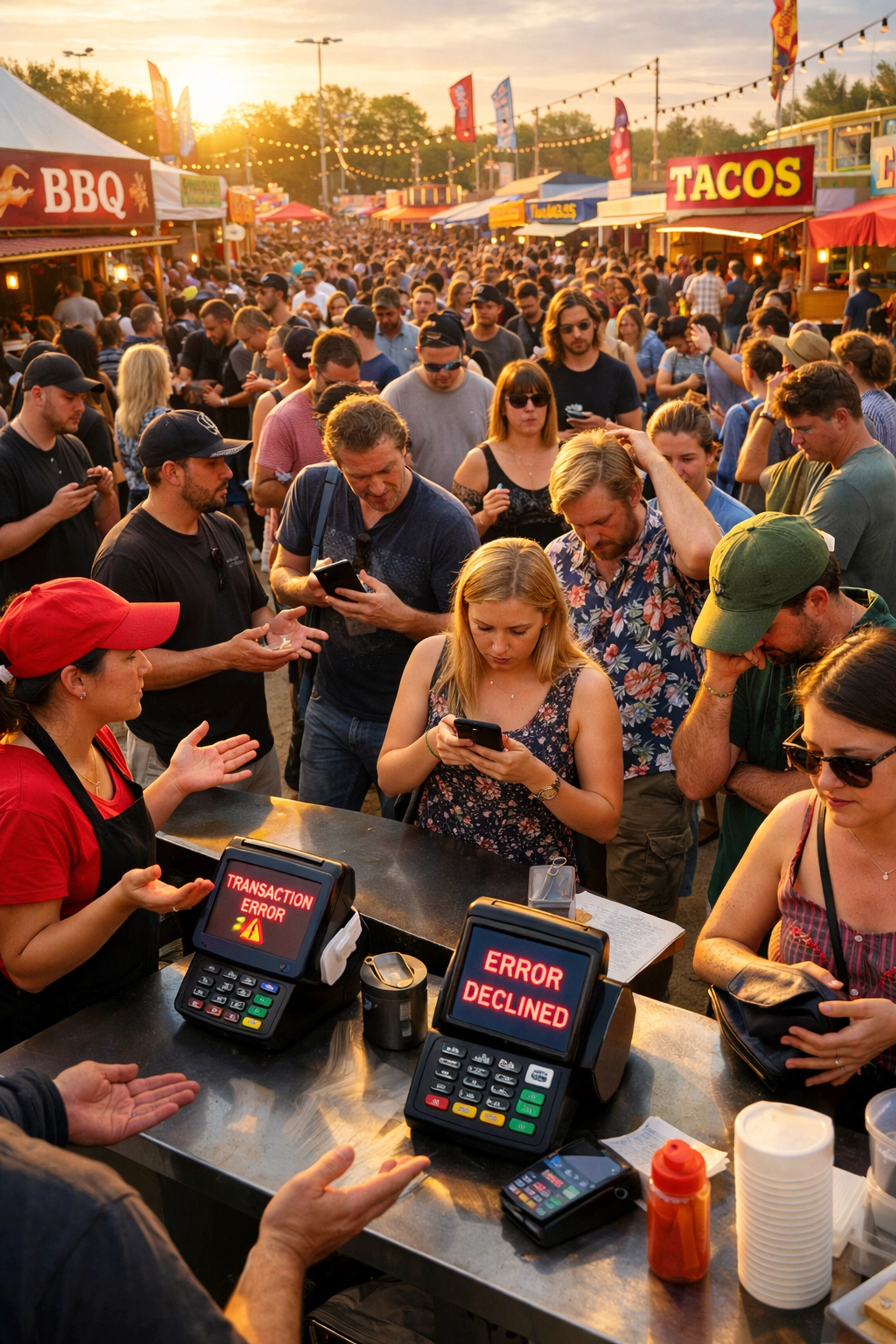 Festival food vendors with failed cashless payment terminals causing long queues and lost sales