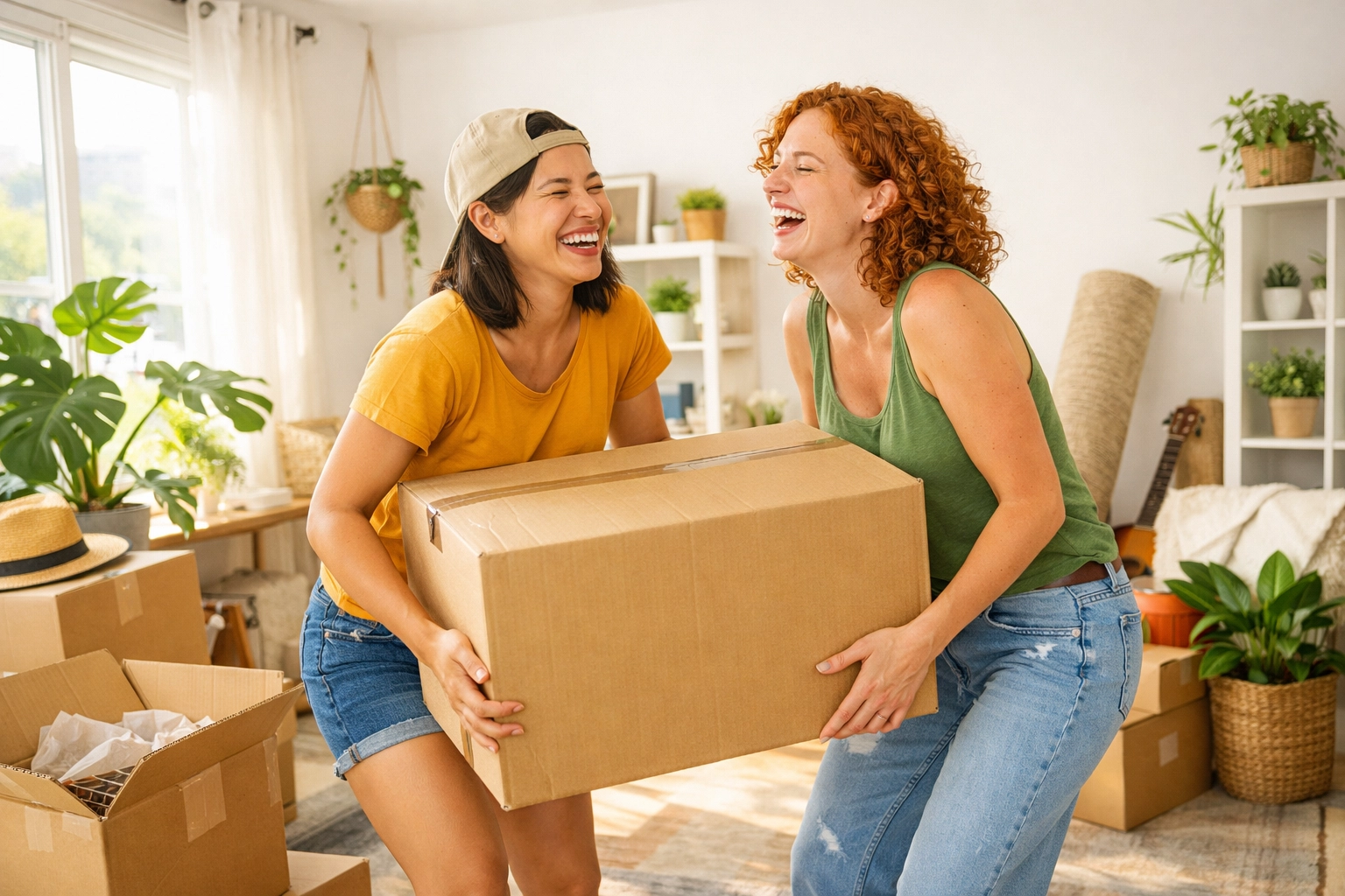 Lesbian couple moving boxes into a new apartment, illustrating a major queer life milestone.