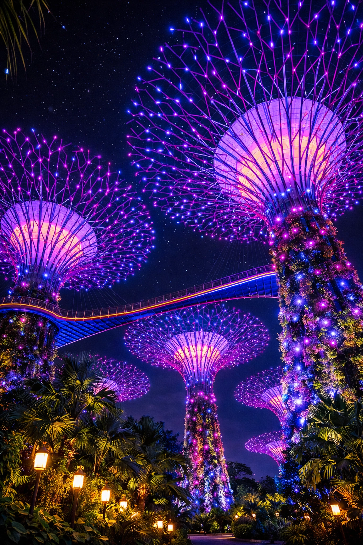 Vibrant night view of the Supertree Grove in Singapore, one of the most futuristic photo spots for 2026.