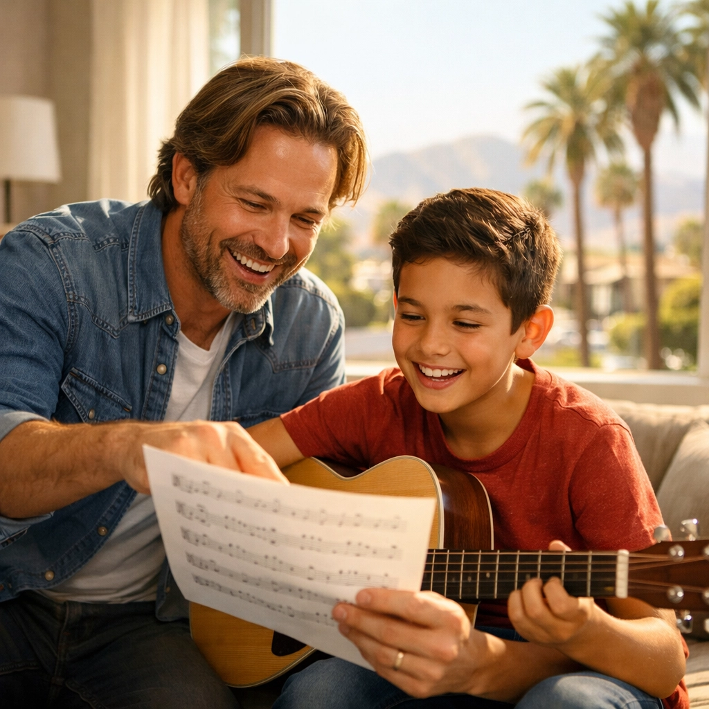 Music instructor and student smiling during in-home music lessons in a sunny Corona living room.