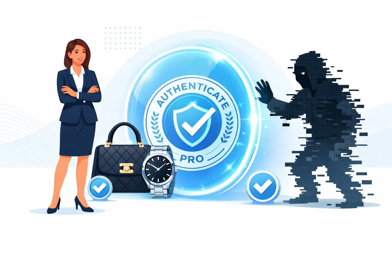Shield protecting a luxury handbag and watch from online scammers using Authenticate Pro verification.