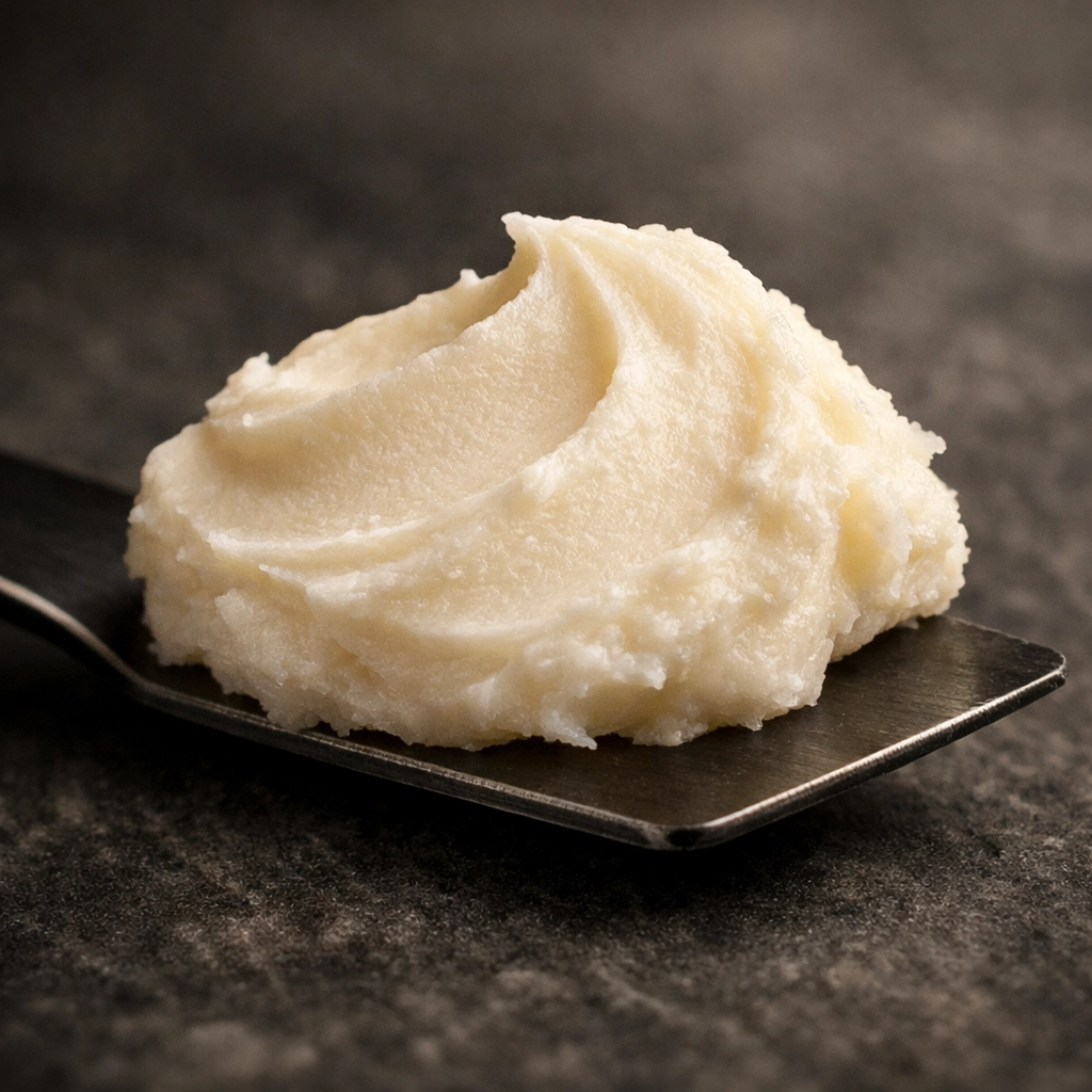 Scoop of thick creamy beard butter on a metal spatula showing smooth texture for deep conditioning.
