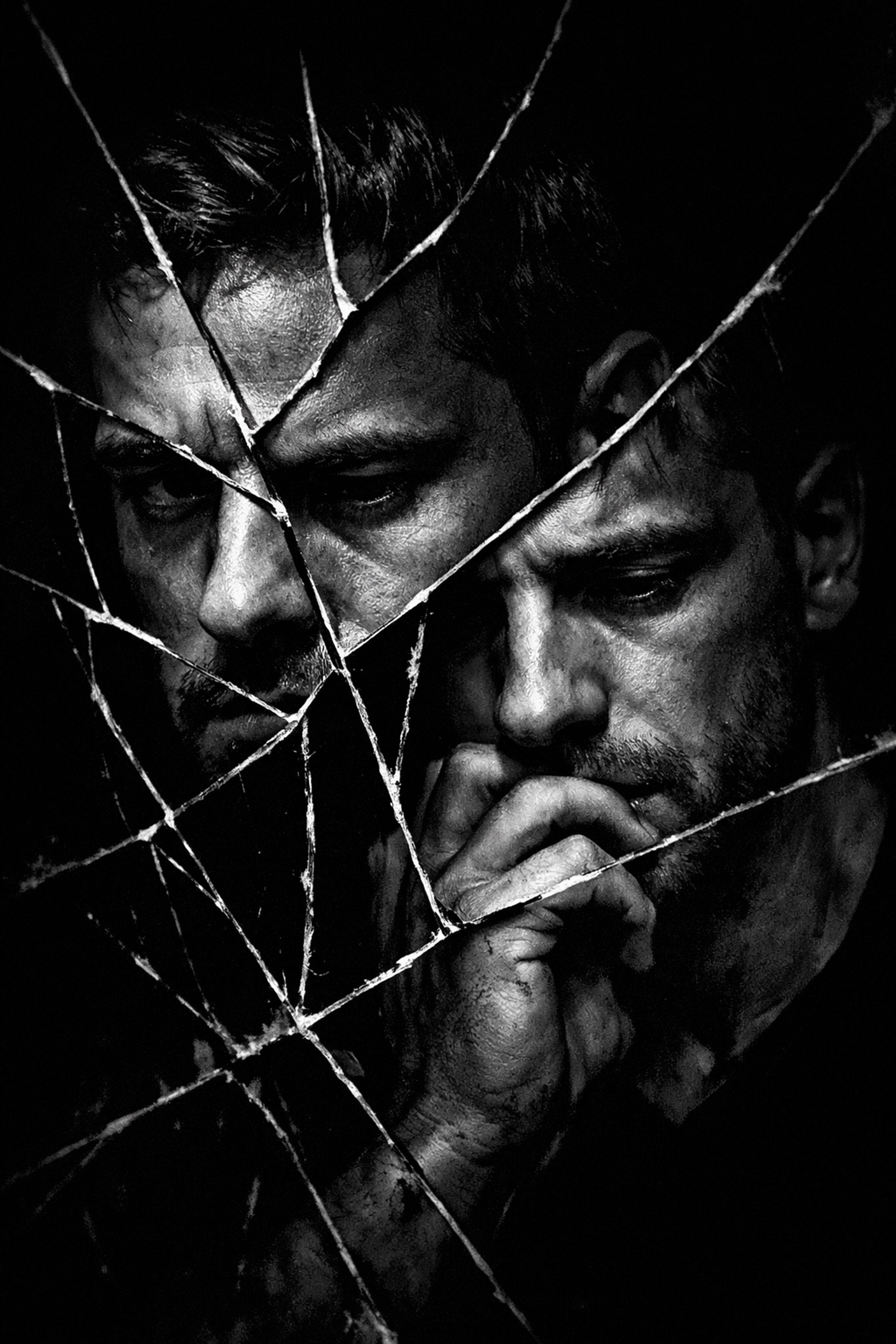 A fragmented reflection of a man in a cracked mirror, symbolizing the psychological toll of the scene.