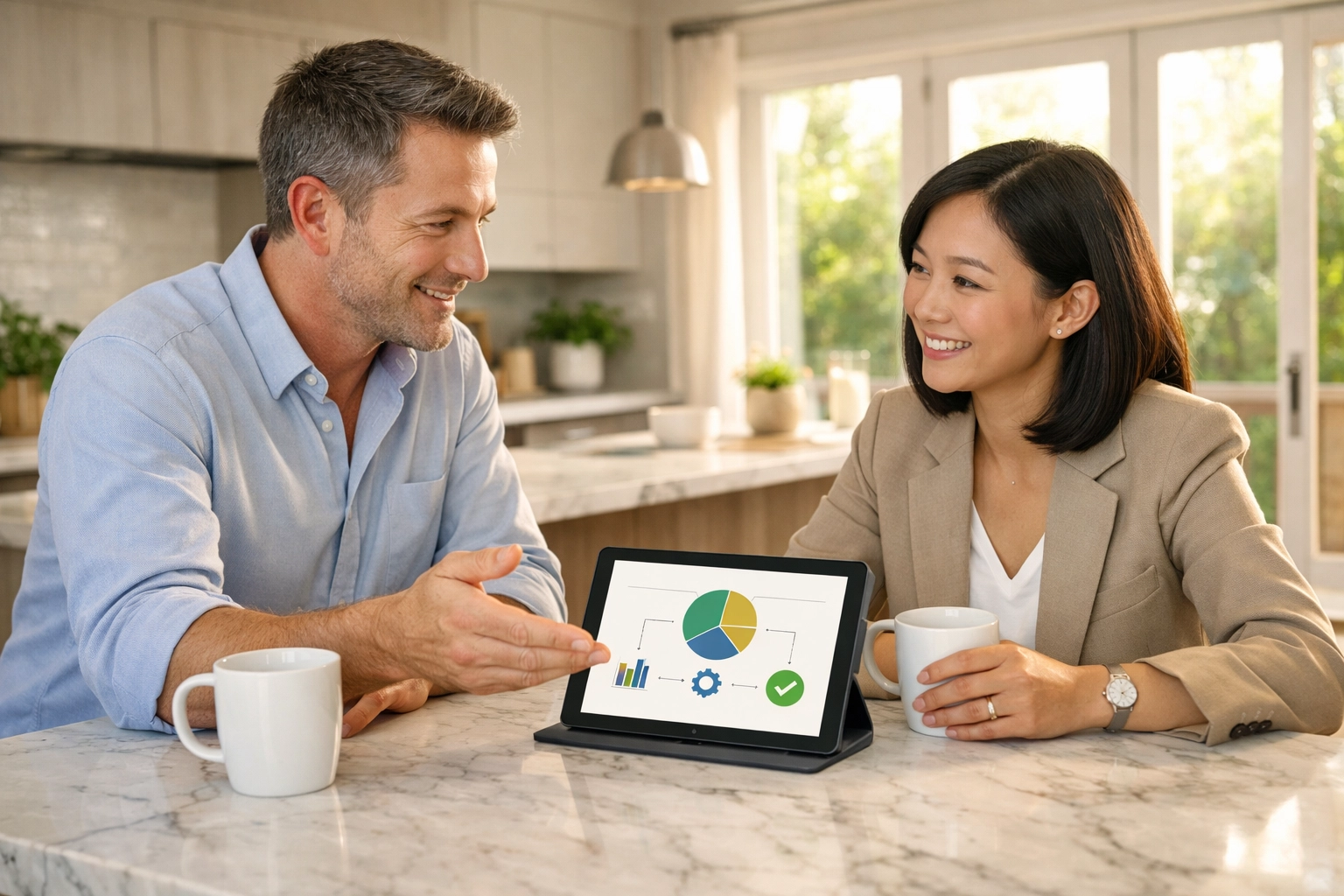 People discussing a rental property market analysis in a modern South Gloucestershire kitchen.