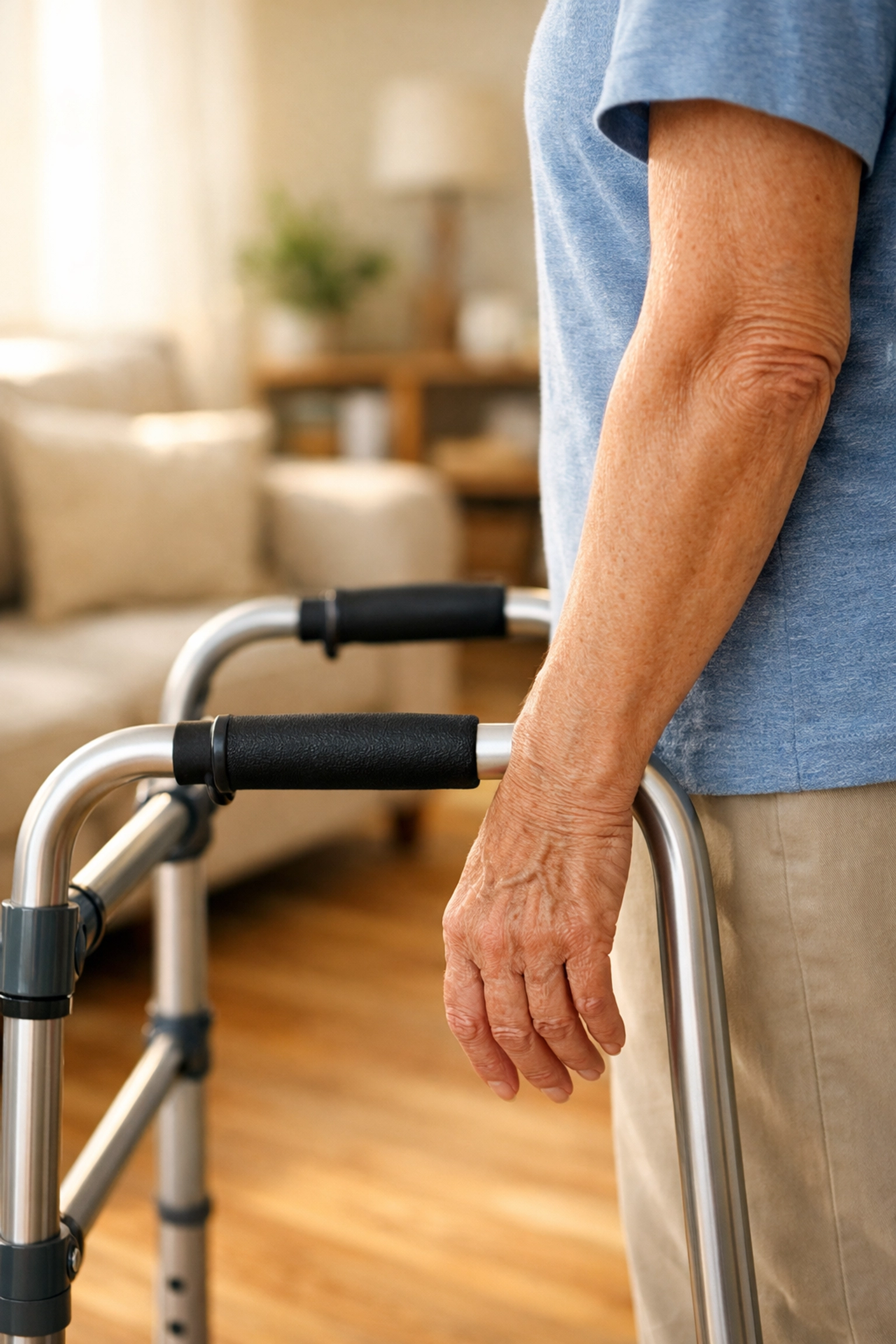 Correct walker height adjustment showing a senior's wrist crease aligned with the handgrip.