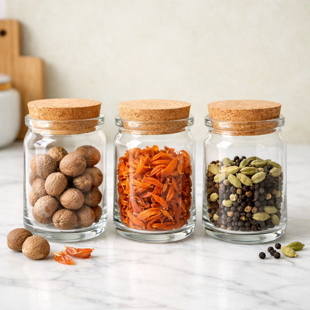 Minimalist glass jars storing whole nutmeg and mace, perfect for organizing your Indian spices online order.