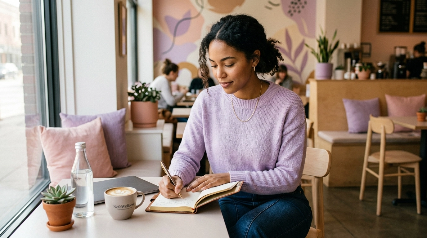 A diverse ambitious woman in a chic café workspace looks calm and confident, grounded in quiet self-trust.