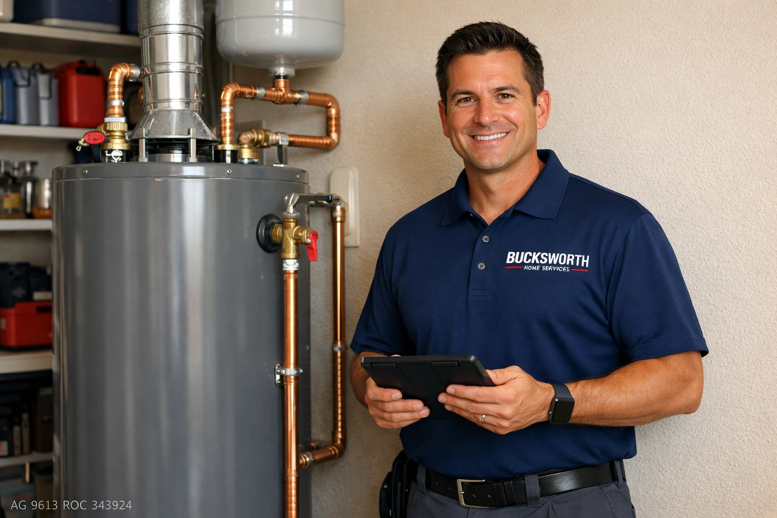Bucksworth Home Services technician performing a water heater diagnostic for emergency plumbing in Tempe.