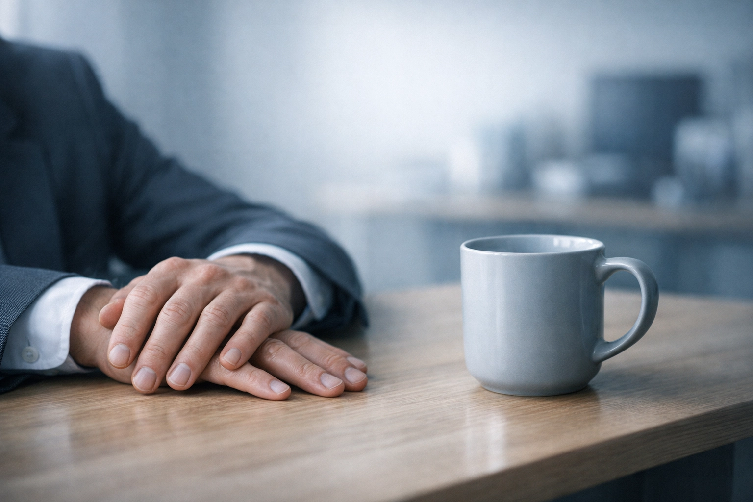 Resting hands and an empty cup symbolizing the physical exhaustion and 'empty tank' of chronic burnout and trauma.
