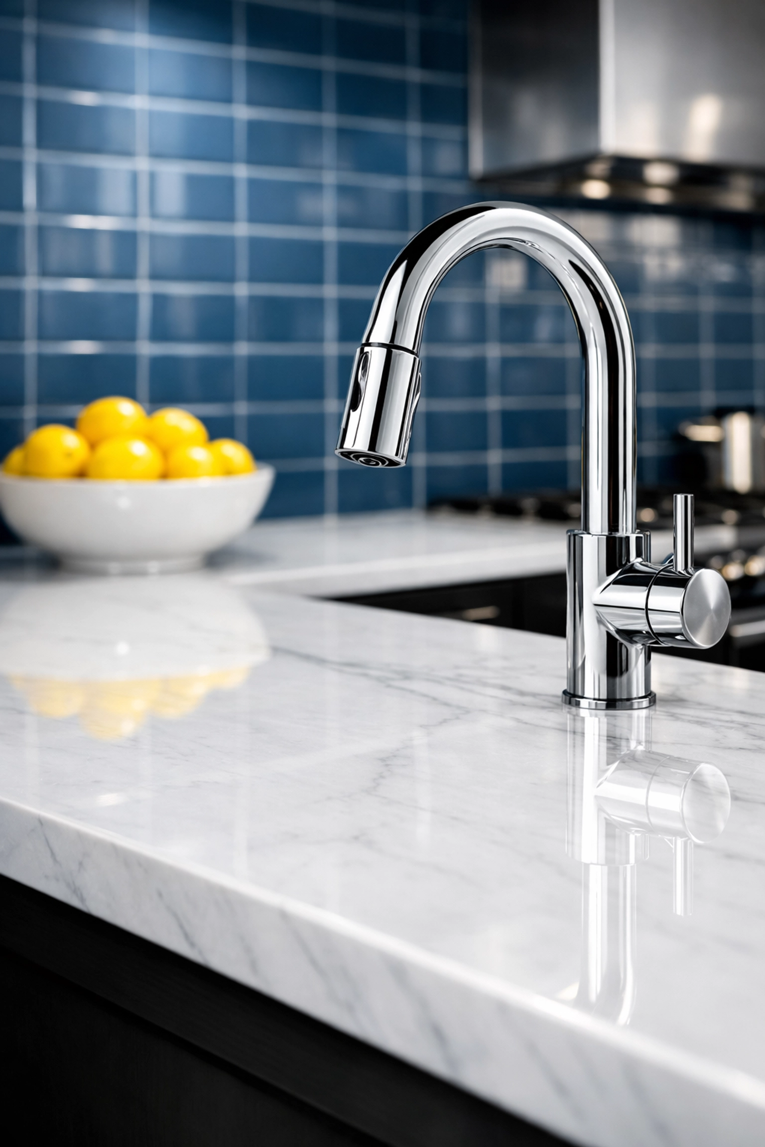 Close-up of a spotless marble kitchen counter after a visit from house cleaning services MA.