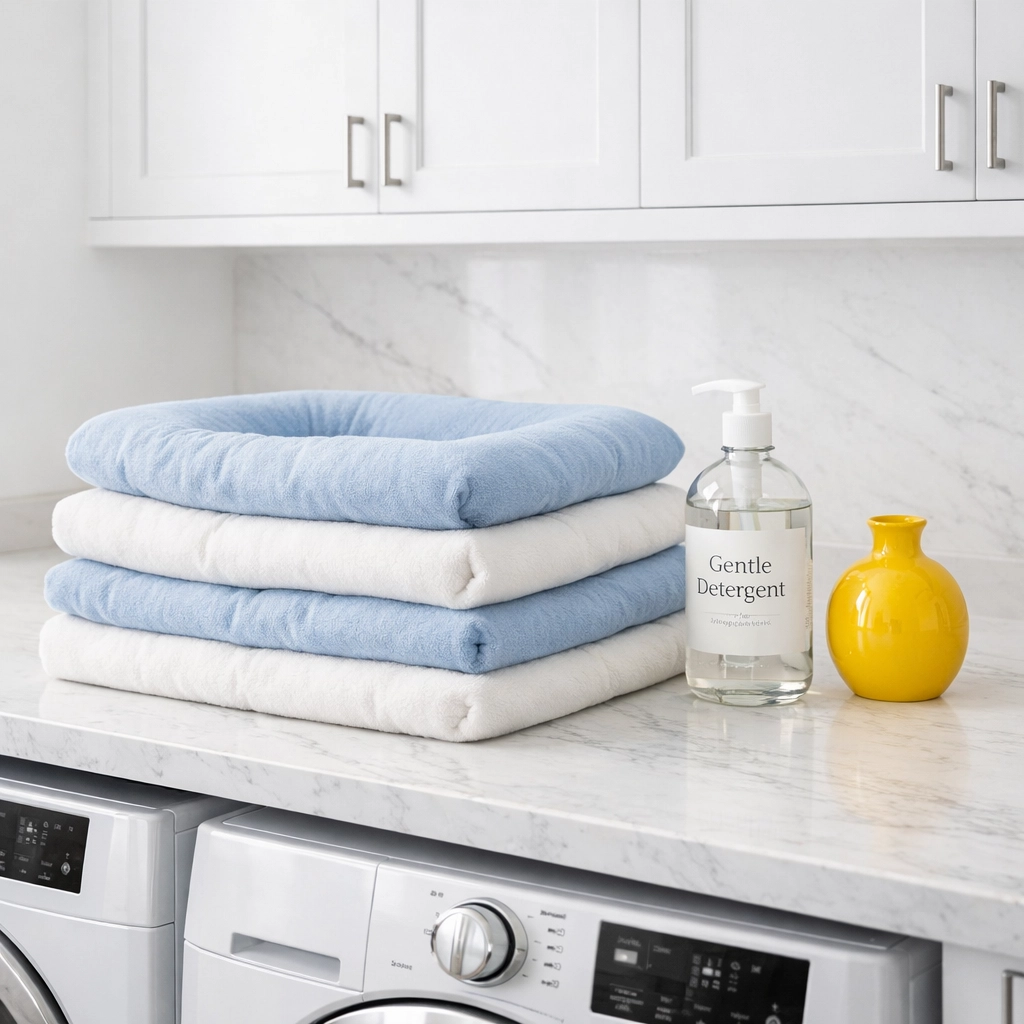 Freshly washed blue and white pet bed covers stacked in a bright, clean laundry room.