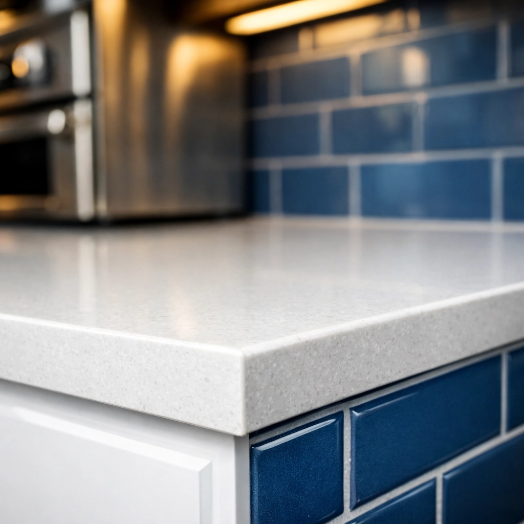 Detail of a deep cleaning Leominster MA service on a pristine kitchen countertop and backsplash.