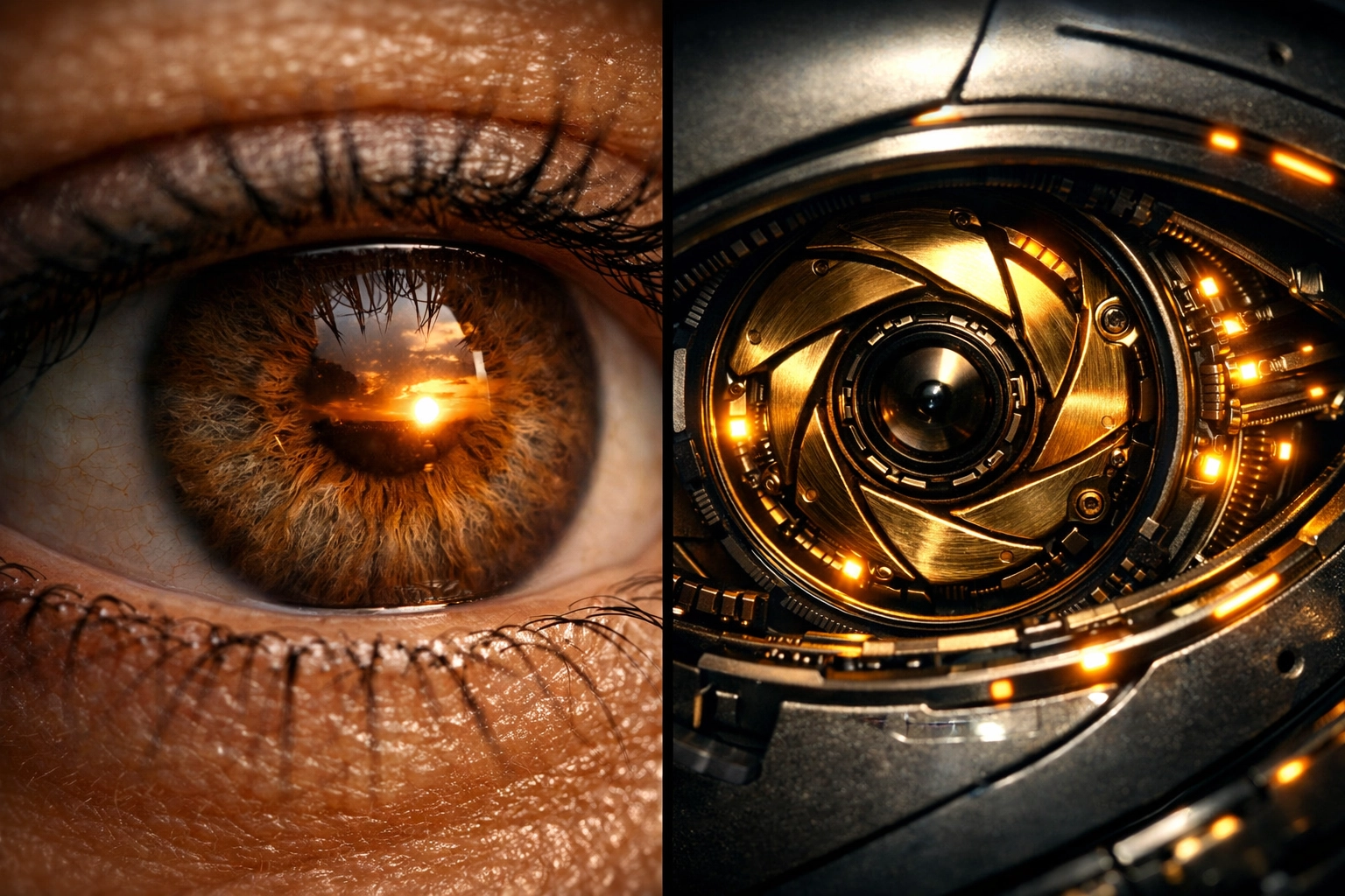 Detailed comparison of a human eye and a mechanical AI eye, symbolizing authenticity and emotional intelligence.