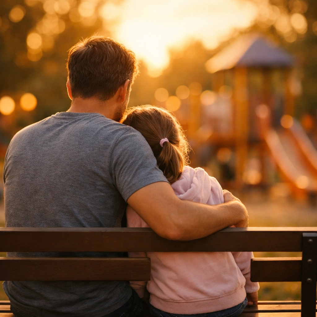 Father and daughter on park bench representing child custody considerations in divorce