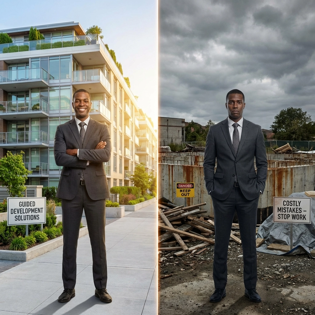 Two men in suits stand in contrasting settings. Left: smiling, modern building, sign "Guided Development Solutions." Right: serious, construction site, sign "Costly Mistakes - Stop Work."