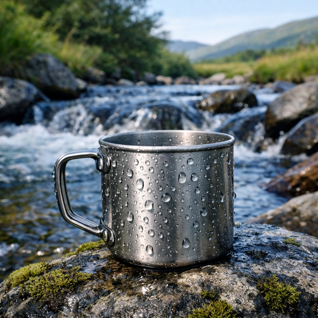 A camping mug resting by a clean mountain stream during a wild camping trip in the UK.