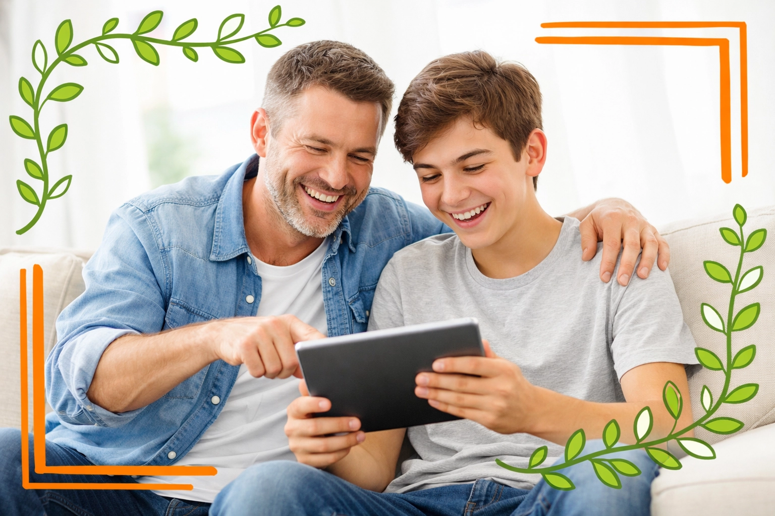 Father and teenage son learning life skills together on a digital tablet to foster growth and empowerment.