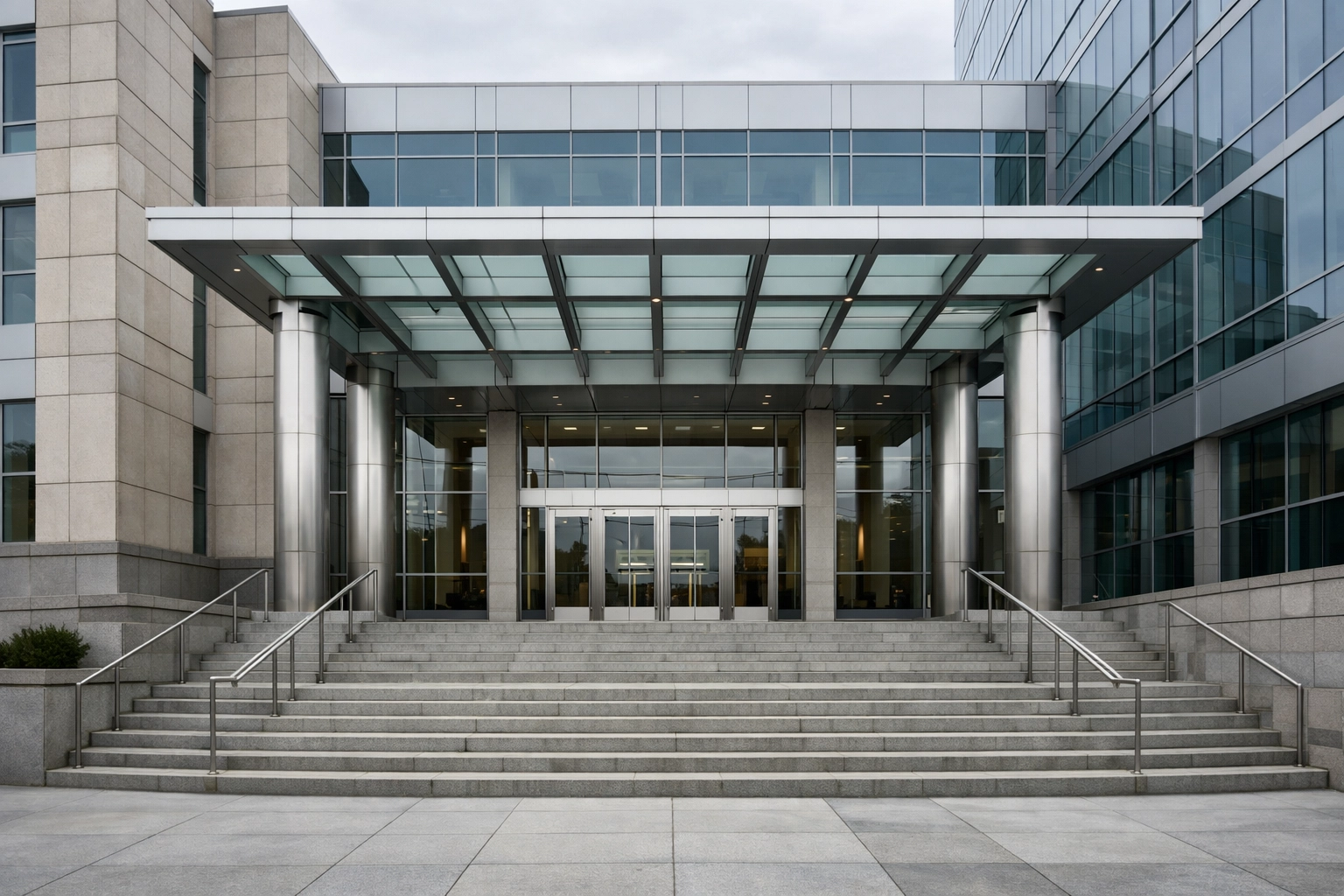 Modern courthouse or office building entrance with clean architectural lines