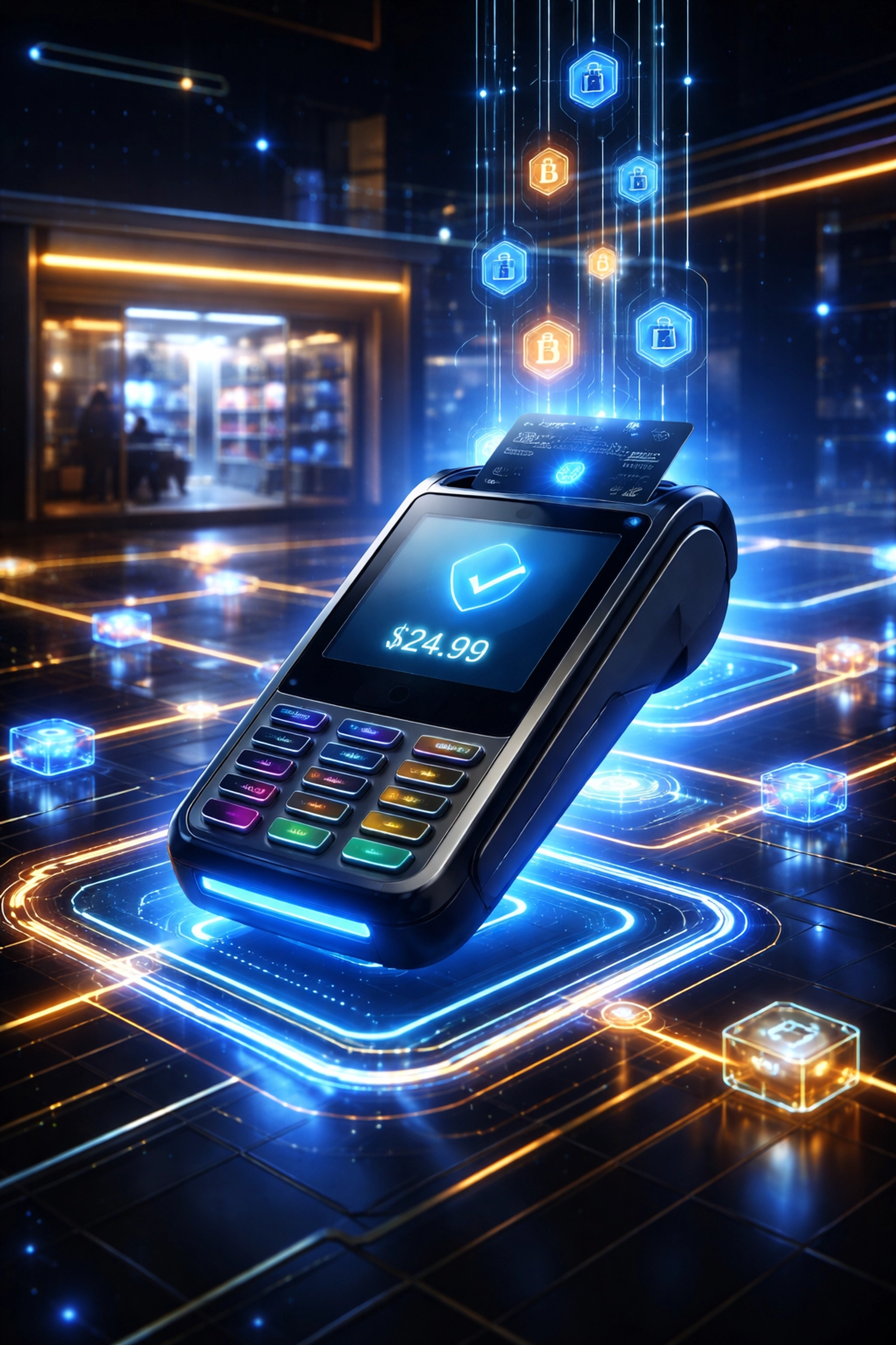 Digital payment terminal with blockchain connections symbolizing Web3 global payments innovation