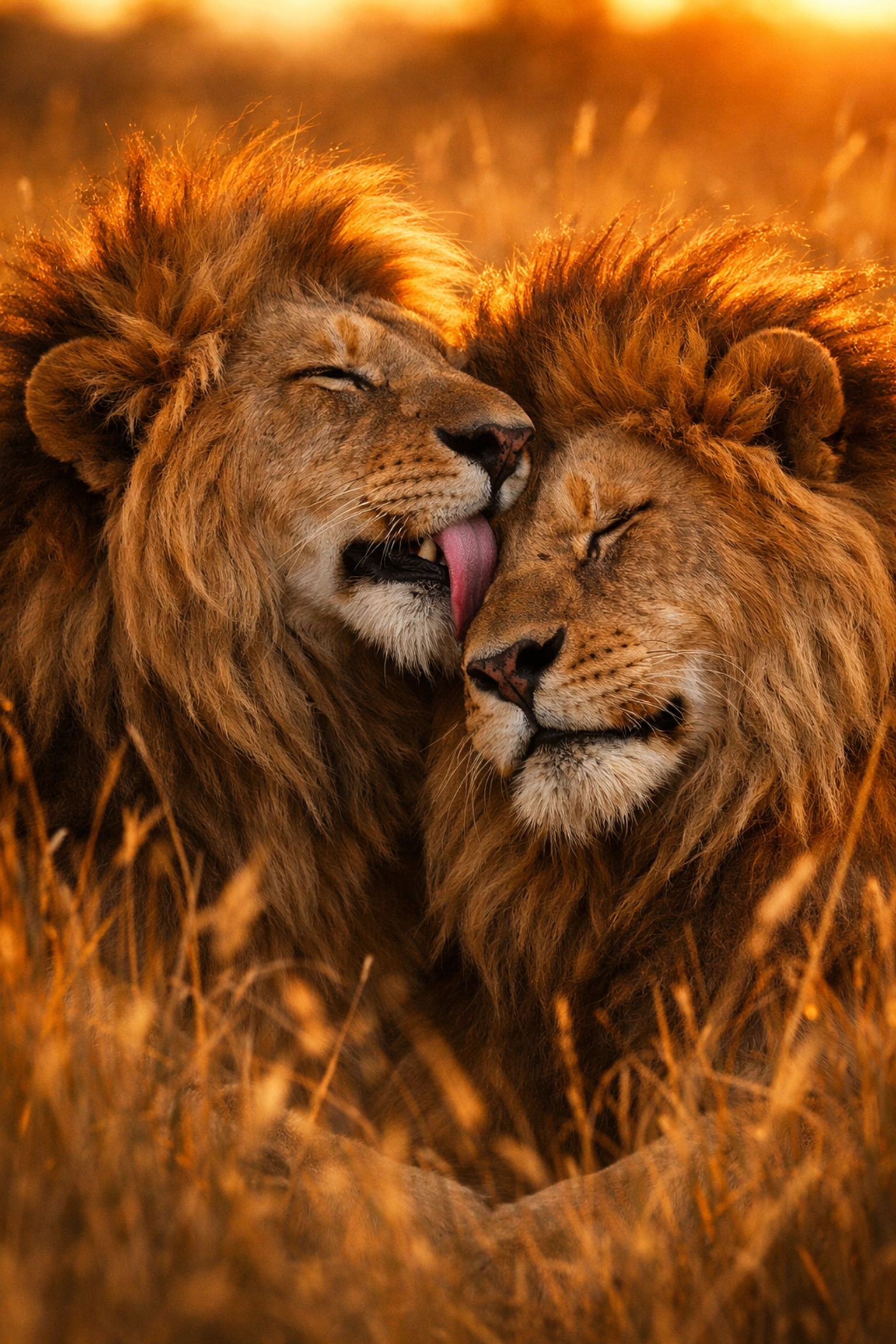 Two male lions nuzzling at sunset, illustrating natural same-sex bonding and homosexuality in wildlife.