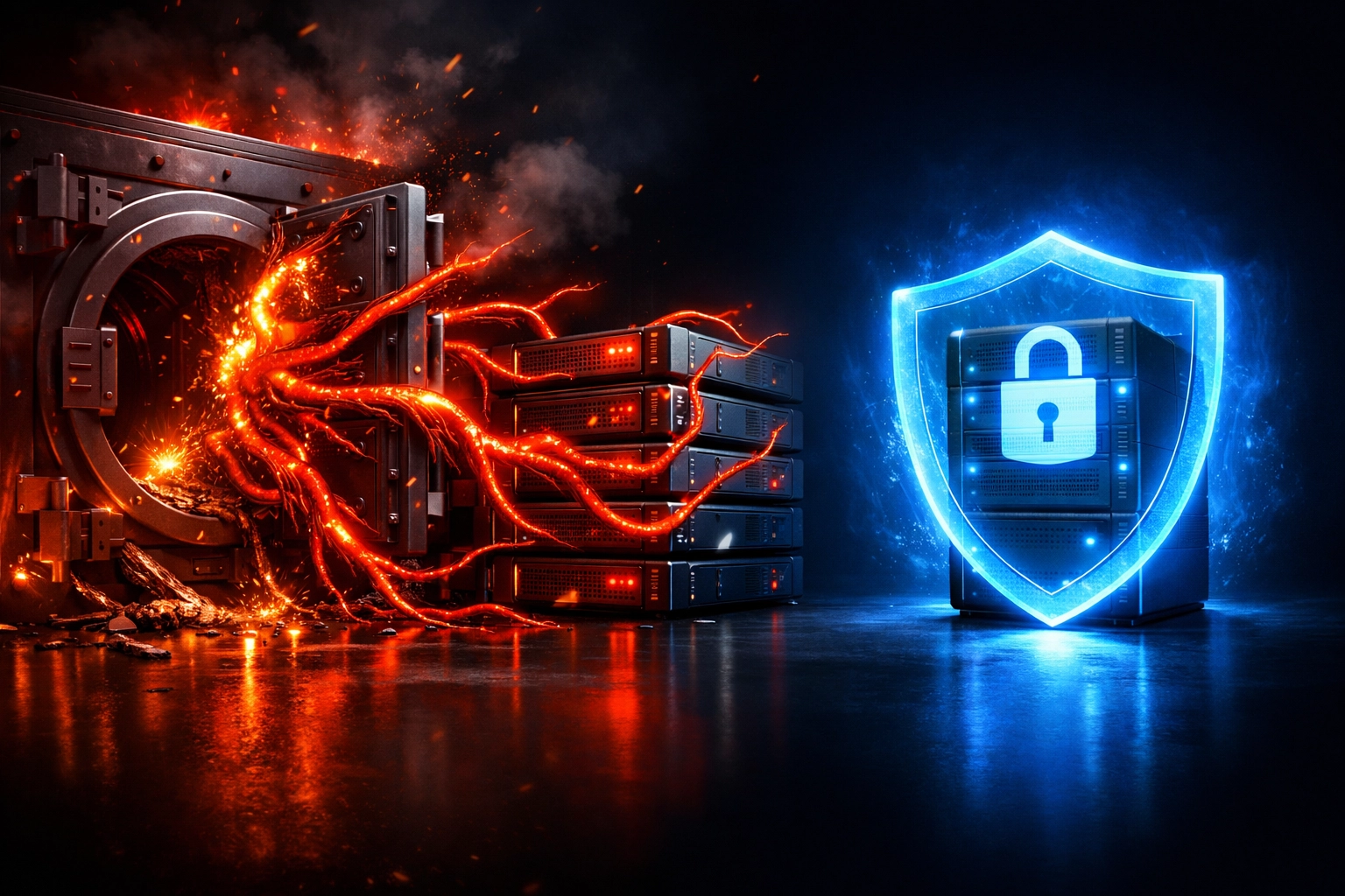 Ransomware attack targeting vulnerable backups versus protected immutable backup storage