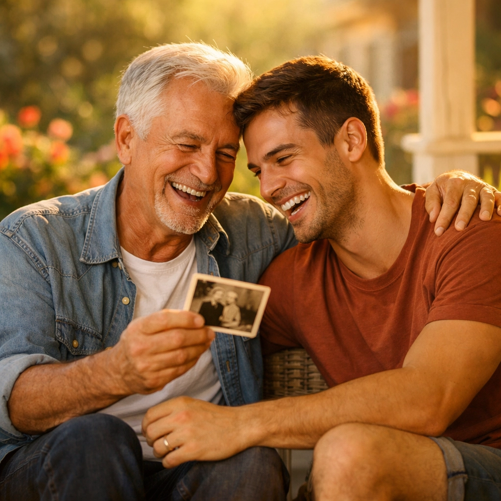 Older gay man and grandson bonding over family photos, illustrating the beauty of LGBTQ+ intergenerational wisdom.