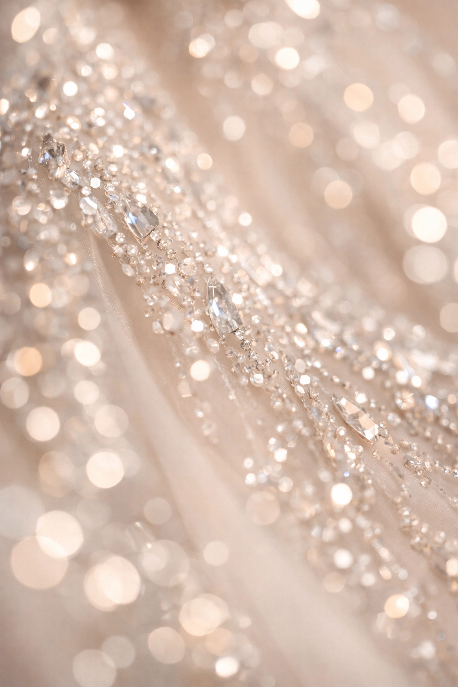 Elegant crystal beadwork and shimmering details on a luxury Ariamo Couture wedding dress.