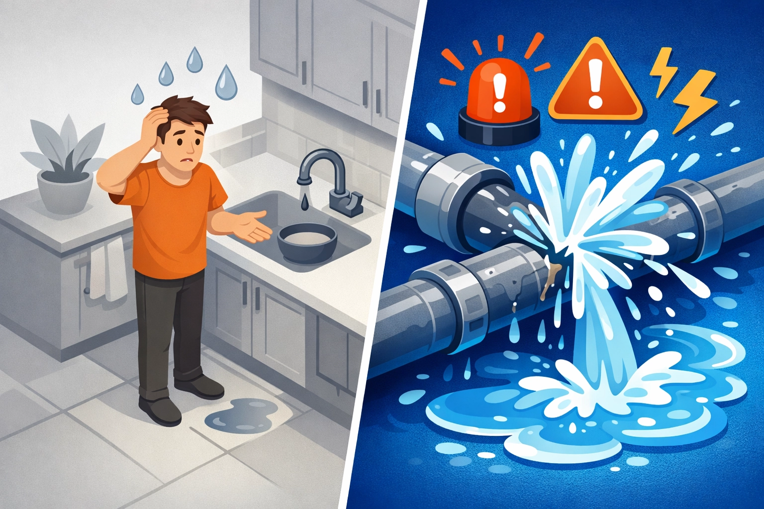 Comparison of minor dripping tap versus major burst pipe plumbing emergency