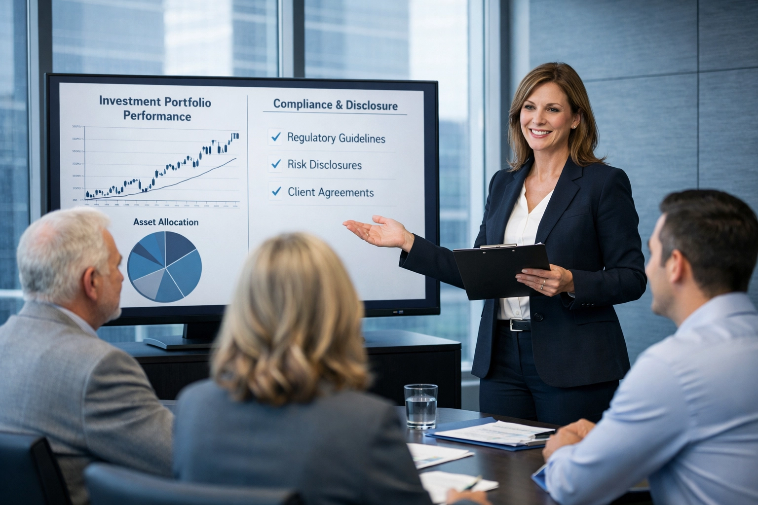 Financial advisor presenting real estate syndication compliance documentation to plan sponsors