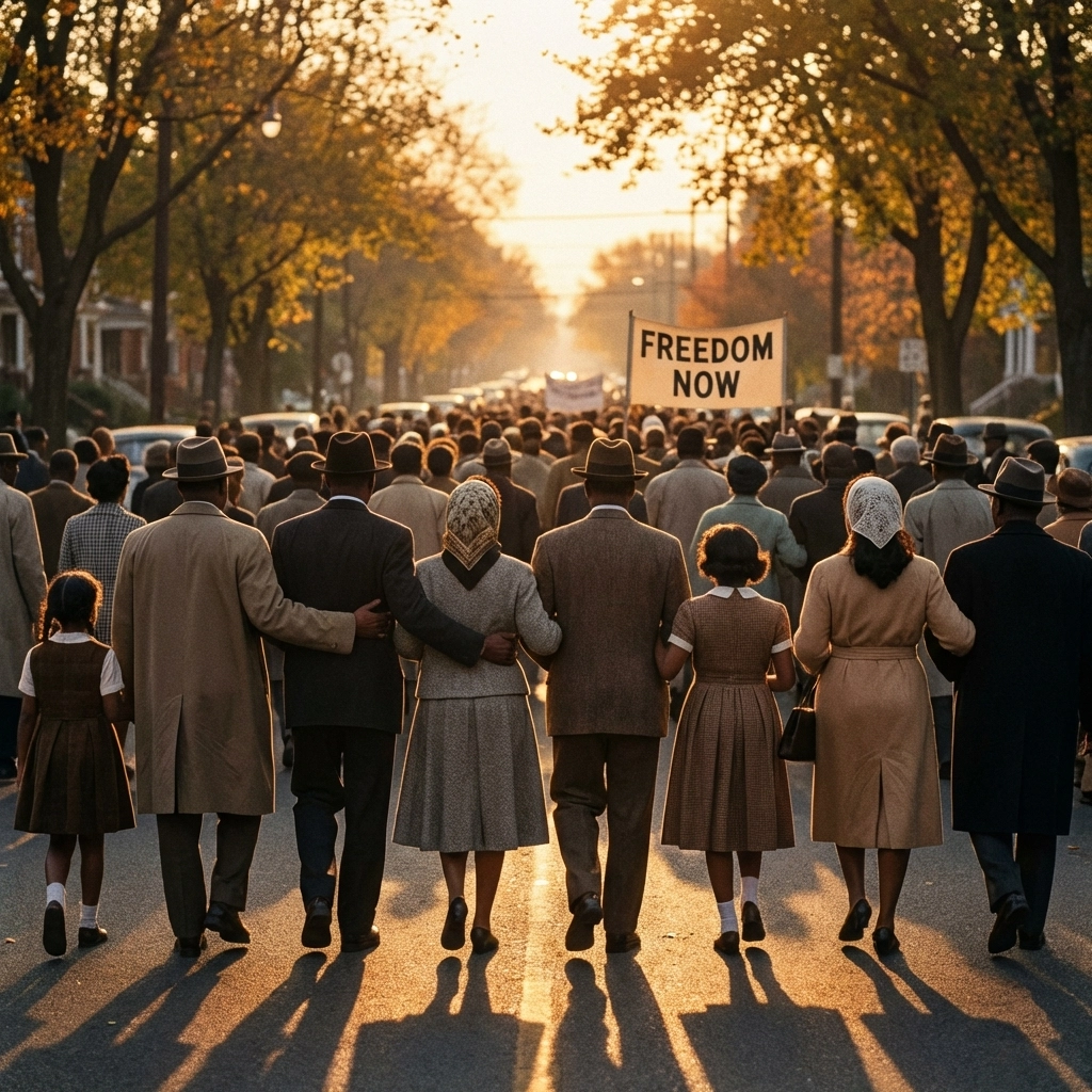 Civil rights activists walk arm-in-arm during a golden-hued march, capturing nonviolent unity for equality and justice.