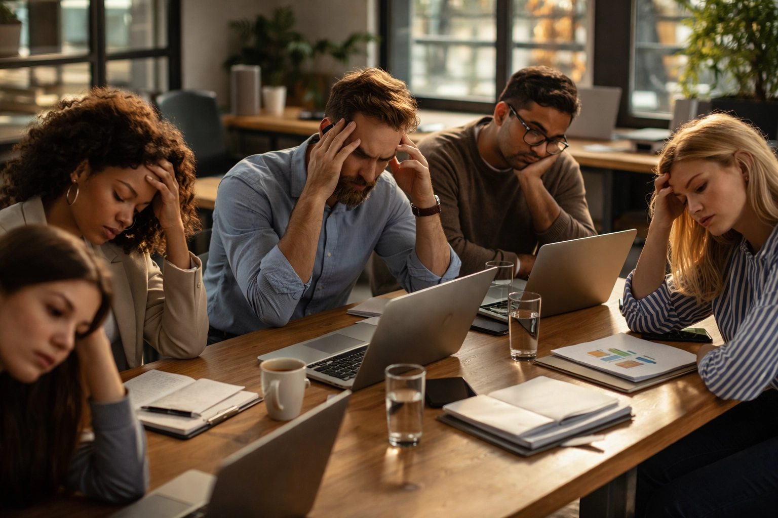 Office professionals in a modern workspace appearing stressed and fatigued, illustrating workplace burnout and chronic stress