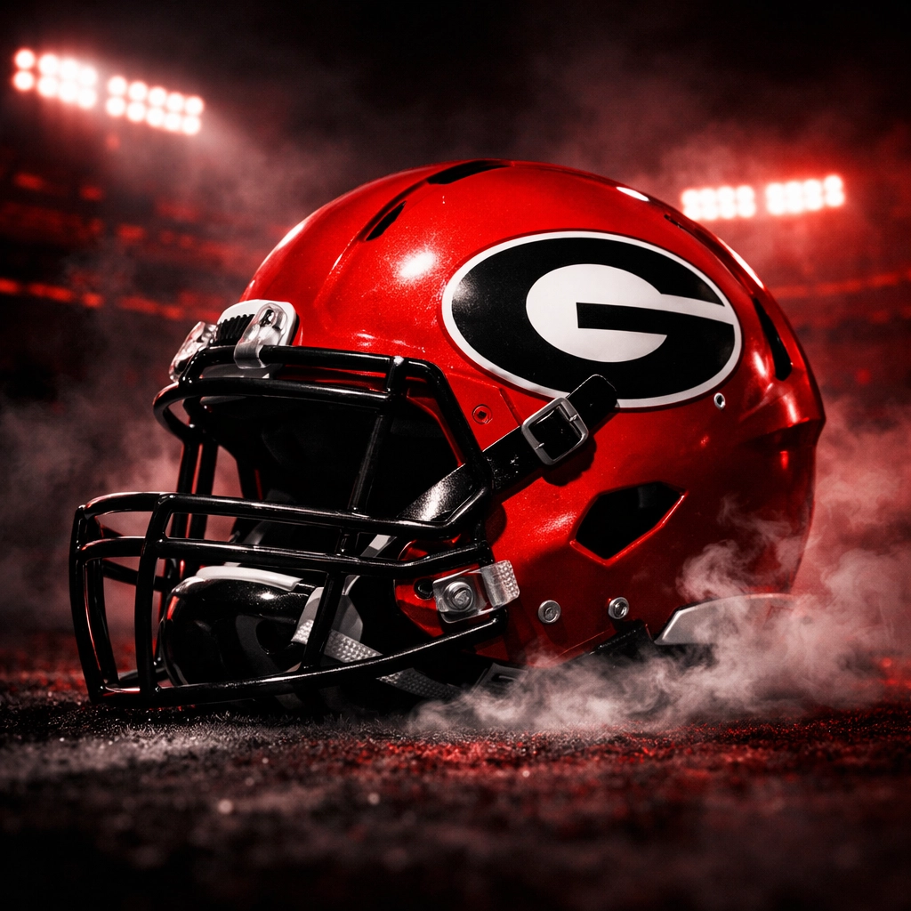 Georgia Bulldogs football helmet on field representing the team's defensive rebuilding efforts