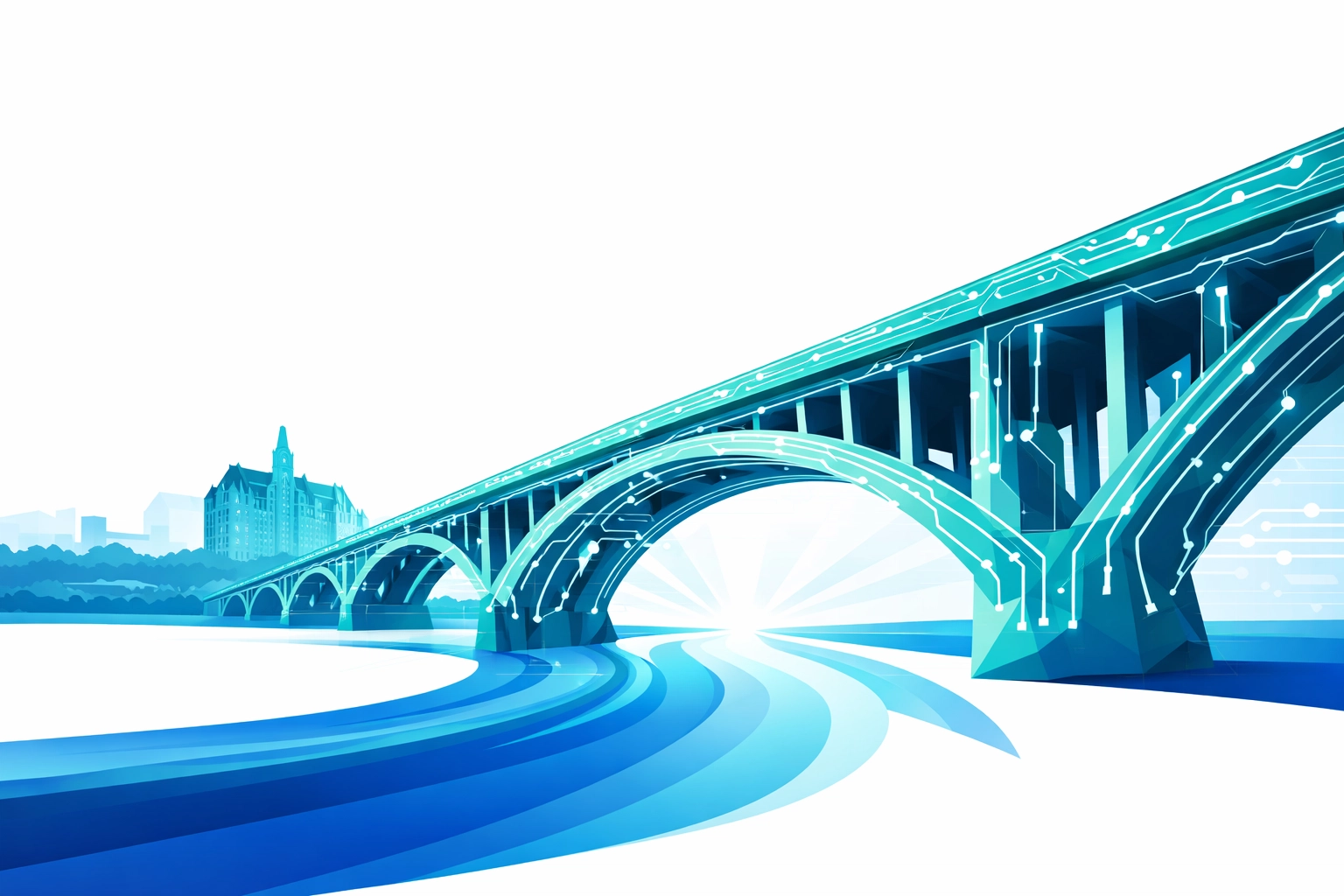 A modern geometric Saskatoon bridge crossing the South Saskatchewan River with the Delta Bessborough silhouette and subtle circuit-like data streams symbolizing an AI-powered digital future.