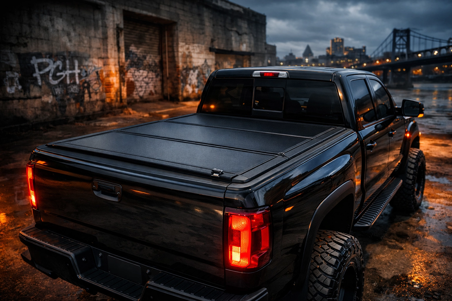 Black tonneau bed cover on lifted pickup truck providing weather protection in Pittsburgh