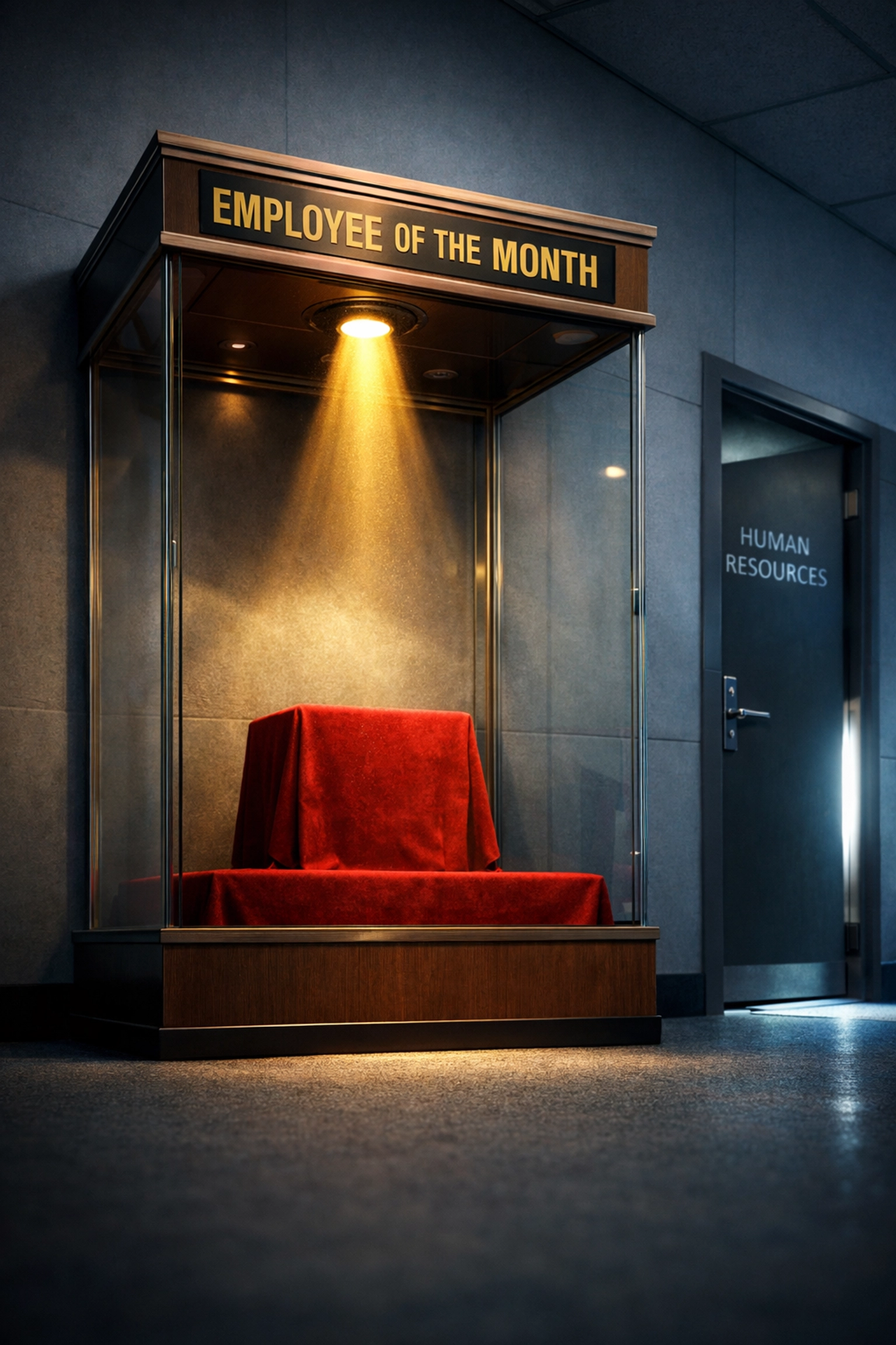 A spotlighted award pedestal in a sterile office hallway for a cheeky COTO mug, the ultimate work mugs funny award.