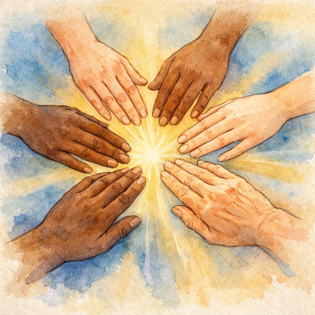 Diverse hands joining together in unity representing church family and community connection in Memphis