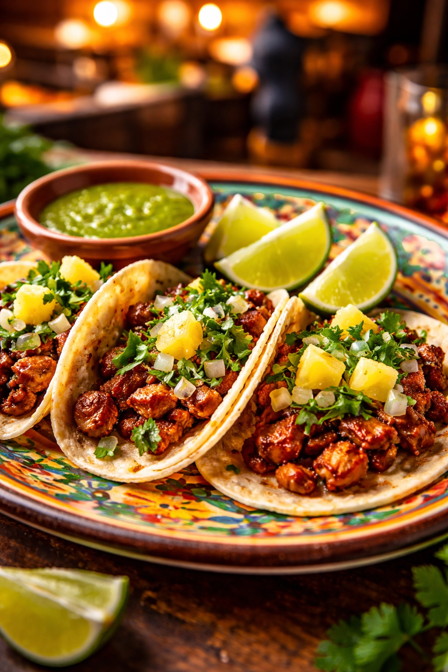 Authentic Mexican tacos al pastor with pineapple, salsa, and fresh lime in Puerto Vallarta