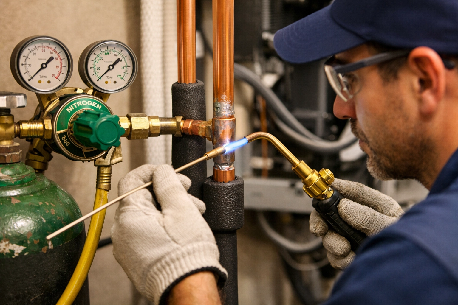 Technician brazing copper pipes with nitrogen flow from a regulator to prevent internal oxidation.