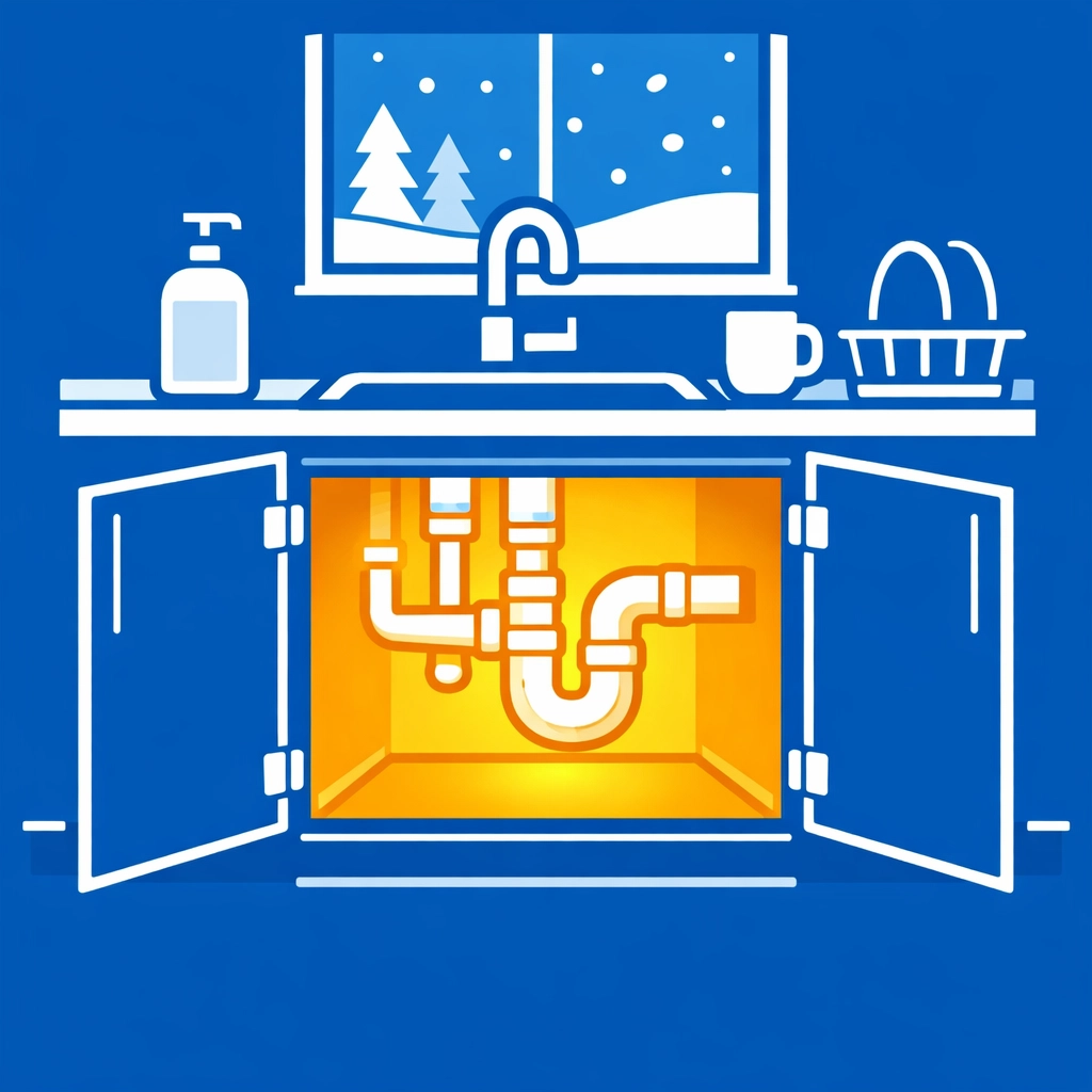 Open kitchen cabinets letting heat reach pipes to prevent frozen pipe water damage in Delaware County.