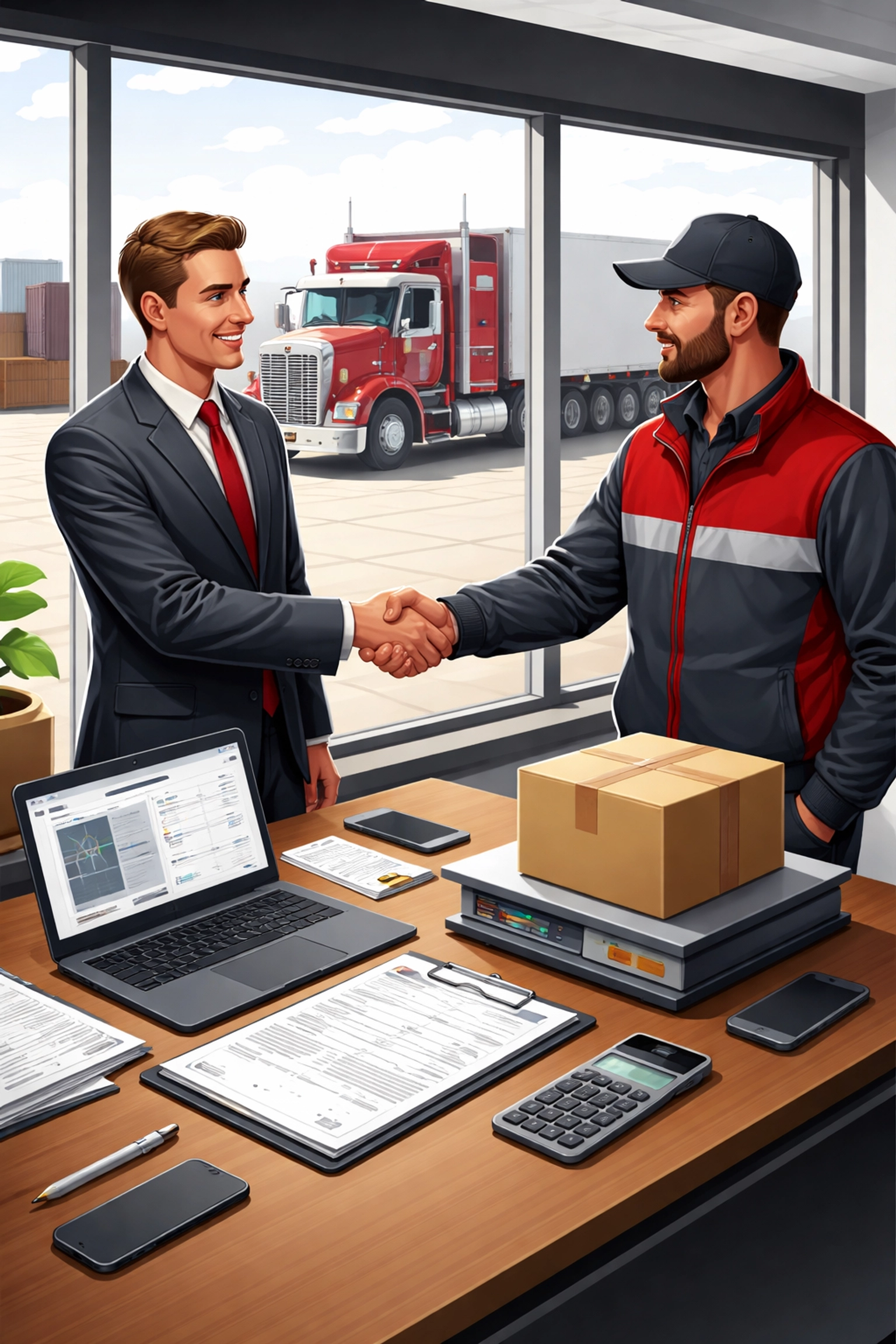 Logistics partners shaking hands over shipping documents with American truck outside, showing transparent freight brokerage
