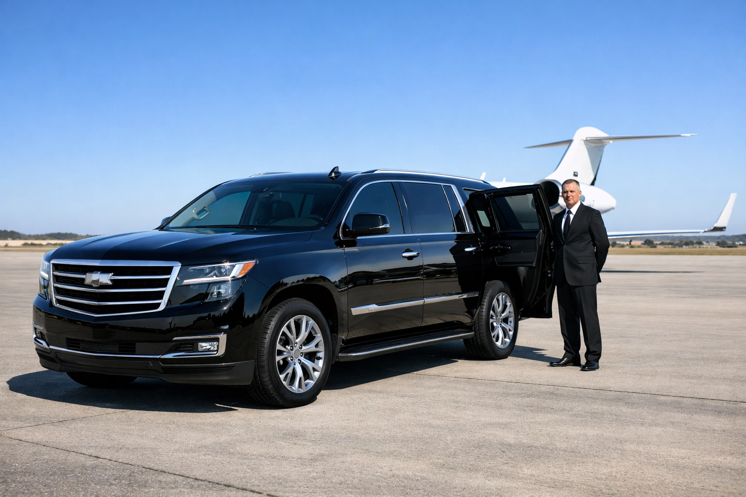 The Executive’s Guide to Super Bowl Brand Presence: How to Turn 48 Hours into 12 Months of Pipeline Professional luxury corporate logistics featuring a black executive SUV and private jet for VIP Super Bowl travel.